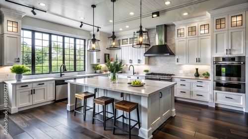 Stunning modern farmhouse kitchen features crisp white cabinets, dark hardwood floors, and sophisticated black fixtures amidst natural light.