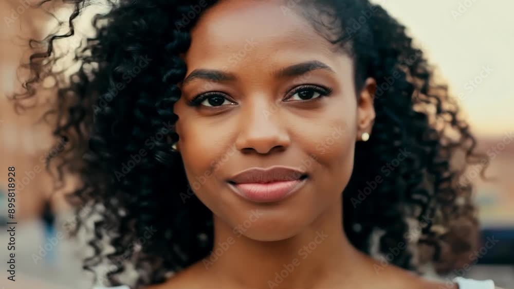 Confident young woman with curly hair smiling in urban setting Confident young woman with curly hair smiling in urban setting