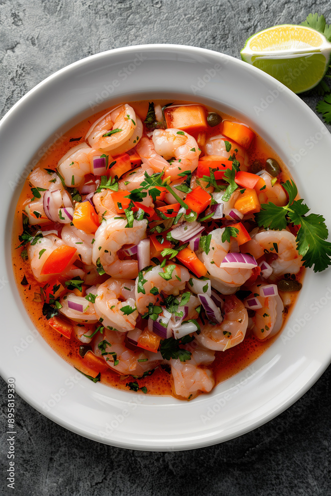 Traditional Ceviche Peruvian Of Shrimp With Vegetables, Spices And Lime Close Up On A Plate Traditional Ceviche Peruvian Of Shrimp With Vegetables, Spices And Lime Close Up On A Plate