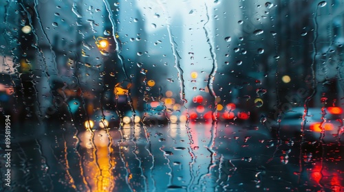 Transparent car window showing rainy snowy and wet cityscape with blurred traffic reflecting frosty weather conditions