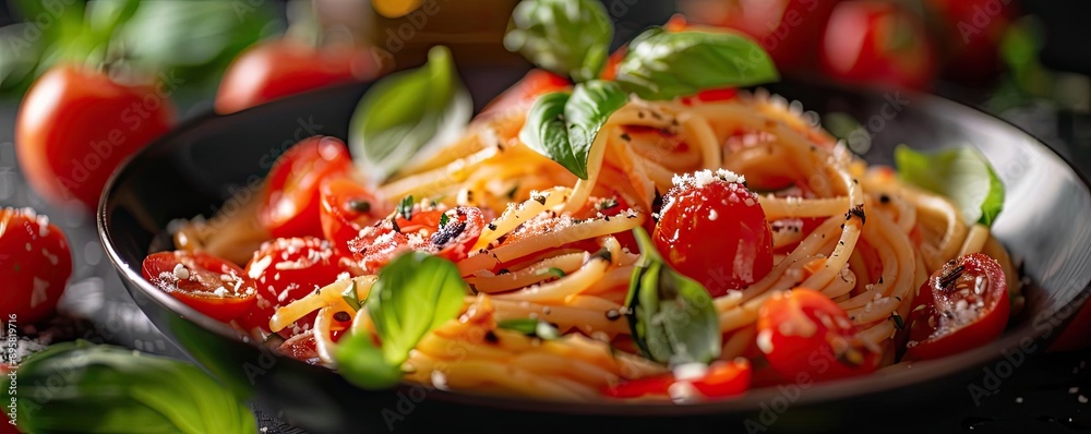 Delicious spaghetti with fresh tomatoes and basil leaves on a black plate, creating an appetizing Italian cuisine scene. Delicious spaghetti with fresh tomatoes and basil leaves on a black plate, creating an appetizing Italian cuisine scene.