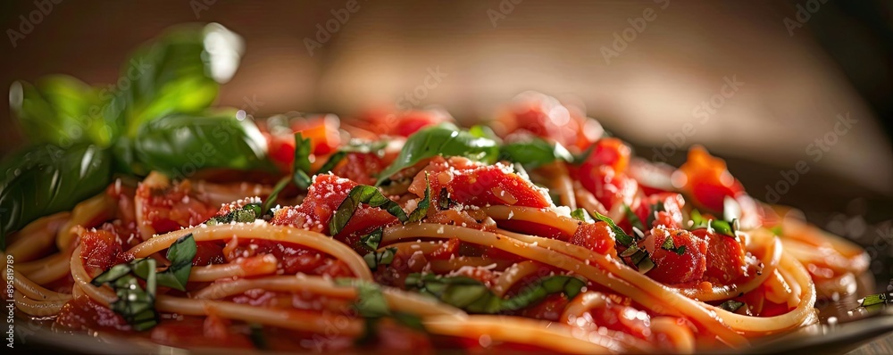 Close-up of delicious spaghetti with tomato sauce, fresh basil, and grated cheese on a rustic wooden table, capturing a comforting meal. Close-up of delicious spaghetti with tomato sauce, fresh basil, and grated cheese on a rustic wooden table, capturing a comforting meal.