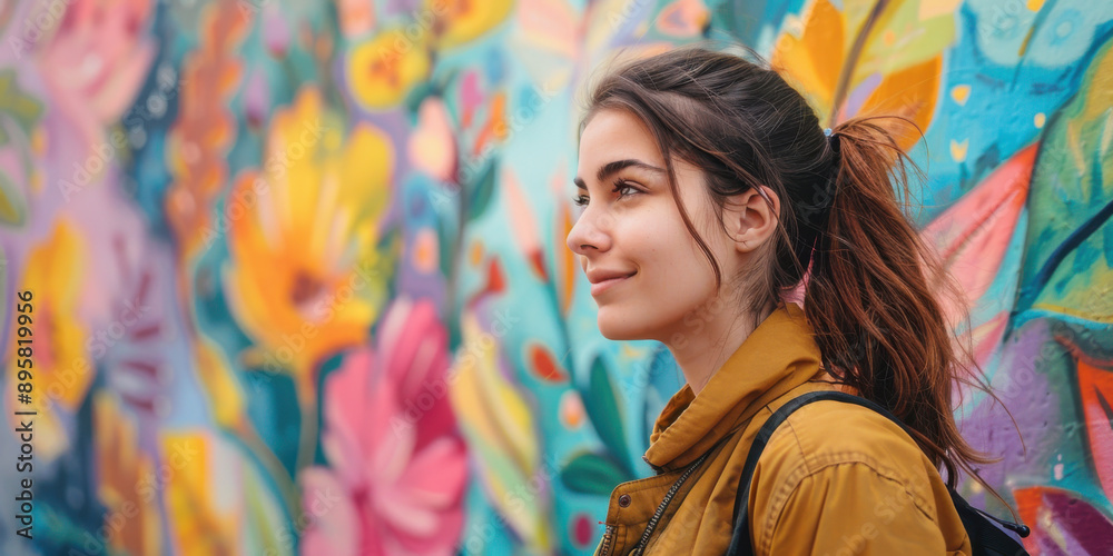 A young woman with a ponytail smiles in front of a vibrant, floral-themed mural, radiating positivity and youthful energy. A young woman with a ponytail smiles in front of a vibrant, floral-themed mural, radiating positivity and youthful energy.