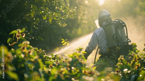 Farmer Spraying Pesticides on Gooseberry Bush to Protect Against Diseases and Pests © pngking