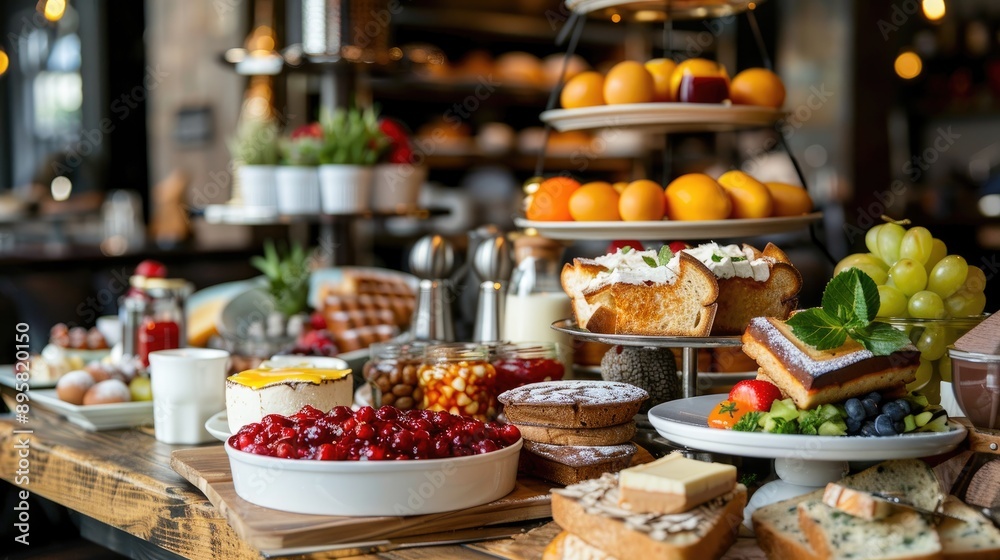 Fresh and Delicious Brunch Spread with Bread Fruits Toast Butter Jelly Eggs Cake and Cheese served on a Table in a Cafe Setting Fresh and Delicious Brunch Spread with Bread Fruits Toast Butter Jelly Eggs Cake and Cheese served on a Table in a Cafe Setting