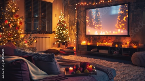 Living room interior with Christmas lights couch and projector screen