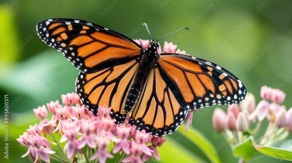 Beautiful monarch butterfly with open wings sitting on a pink flower in a garden Beautiful monarch butterfly with open wings sitting on a pink flower in a garden