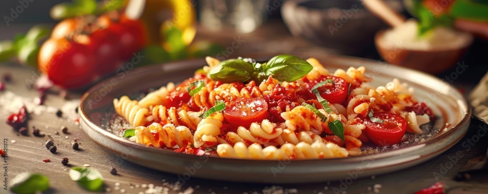 Delicious pasta dish with tomato sauce, sprinkled with fresh basil and spices on a rustic plate for a perfect culinary experience. Delicious pasta dish with tomato sauce, sprinkled with fresh basil and spices on a rustic plate for a perfect culinary experience.