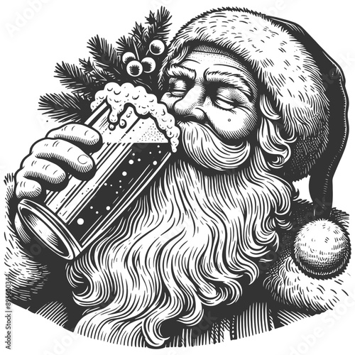 Santa Claus drinking beer frothy beverage. Festive and cheerful. sketch engraving generative ai fictional character vector illustration. Scratch board imitation. Black and white image.