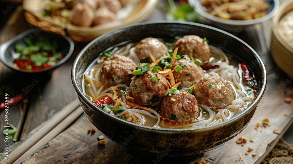 Pork and Pork Ball Noodle Soup in Bowl Chinese Thai Cuisine Pork and Pork Ball Noodle Soup in Bowl Chinese Thai Cuisine