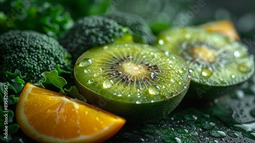 sliced avocado, sliced kiwi, kiwi, kale, green apple, many oil oranges, sliced cucumber, cucumber, broccoli, spinach. Ultra high definition. It's very fresh. There are a few small water droplets on it