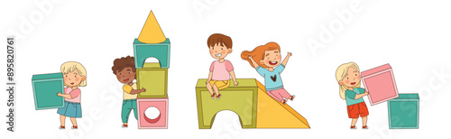 Happy Kid Character Play with Big Toy Blocks Vector Set