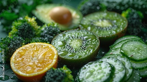 sliced avocado, sliced kiwi, kiwi, kale, green apple, many oil oranges, sliced cucumber, cucumber, broccoli, spinach. Ultra high definition. It's very fresh. There are a few small water droplets on it