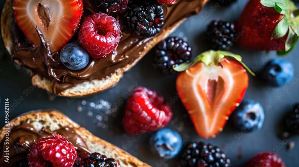 Overhead shot of wheat bread topped with chocolate spread and assorted fresh berries Overhead shot of wheat bread topped with chocolate spread and assorted fresh berries
