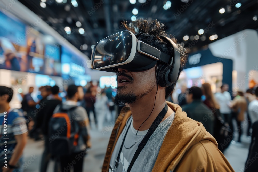 A tech enthusiast wearing a VR headset immerses in virtual reality at a bustling tech conference, surrounded by a crowd, showcasing advanced technology and lively interactions. A tech enthusiast wearing a VR headset immerses in virtual reality at a bustling tech conference, surrounded by a crowd, showcasing advanced technology and lively interactions.