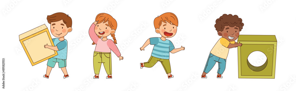 Happy Kid Character Play with Big Toy Blocks Vector Set Happy Kid Character Play with Big Toy Blocks Vector Set