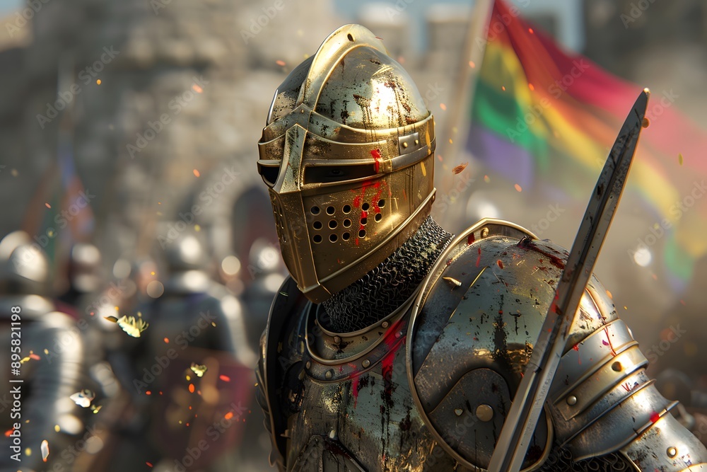 Clad in gleaming metal armor, a medieval knight stands ready for battle, sword in hand Clad in gleaming metal armor, a medieval knight stands ready for battle, sword in hand
