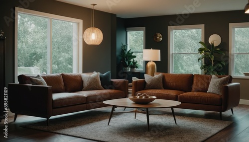 Wallpaper Mural A modern living room featuring a sofa and abstract wall art. The space is warmly lit with a floor lamp and natural light from large windows. Torontodigital.ca