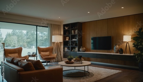 Wallpaper Mural A contemporary living room with a mid-century modern design, showcasing a sofa, abstract artwork, and cozy lighting from a floor lamp and windows Torontodigital.ca