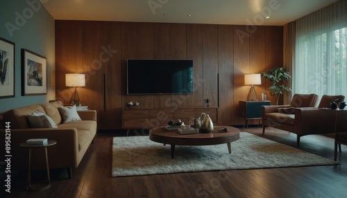 A stylish living room with a couch and pillows. The room is decorated with abstract art and illuminated by a floor lamp and window light