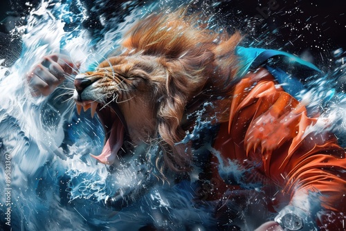 A dramatic and dynamic piece of artwork depicting a fierce lion mid-roar, with an explosion of water creating a visually striking effect, symbolizing strength and primal energy. photo