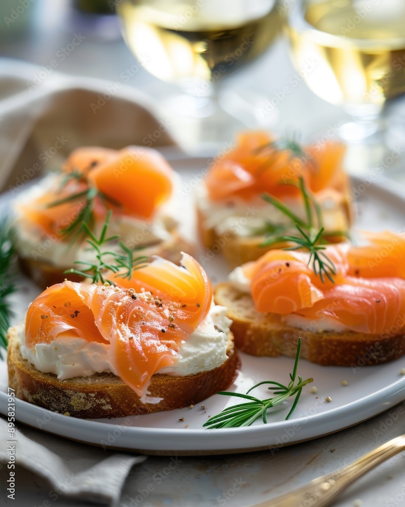 Smoked Salmon and Cream Cheese on Bread Slice, Gourmet Appetizer Smoked Salmon and Cream Cheese on Bread Slice, Gourmet Appetizer