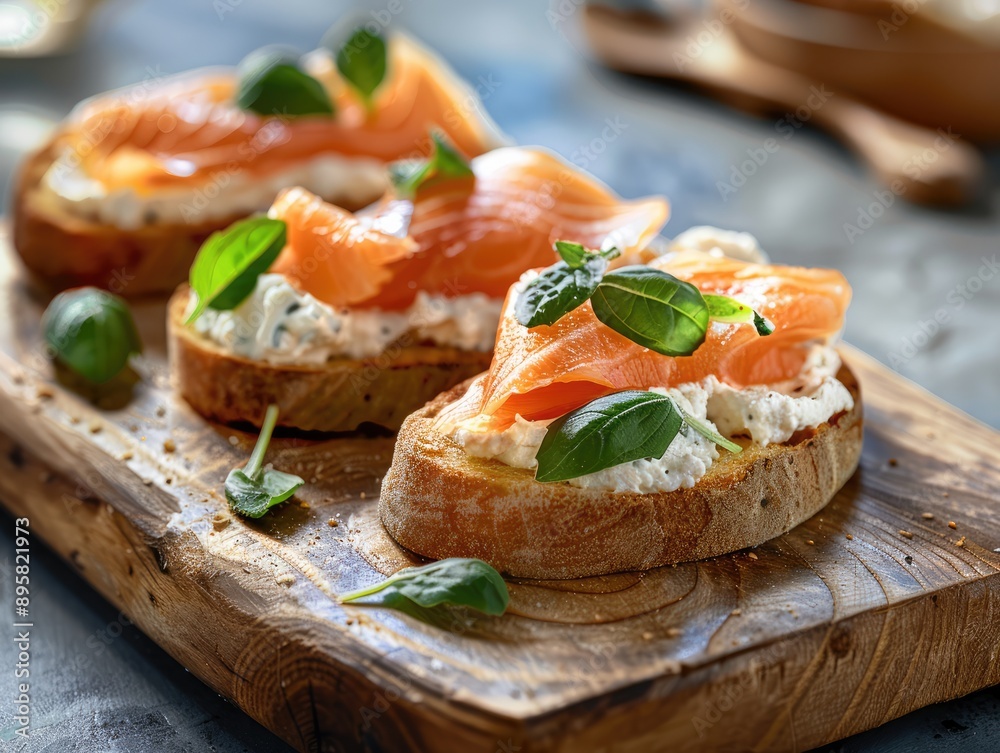 Smoked Salmon and Cream Cheese on Bread Slice, Gourmet Appetizer Smoked Salmon and Cream Cheese on Bread Slice, Gourmet Appetizer