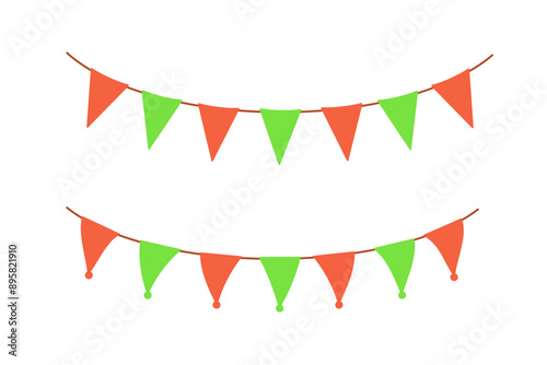 Color circus pennant. Hanging summer party garland for kids. Triangle flags in rainbow colors. Vector illustrations