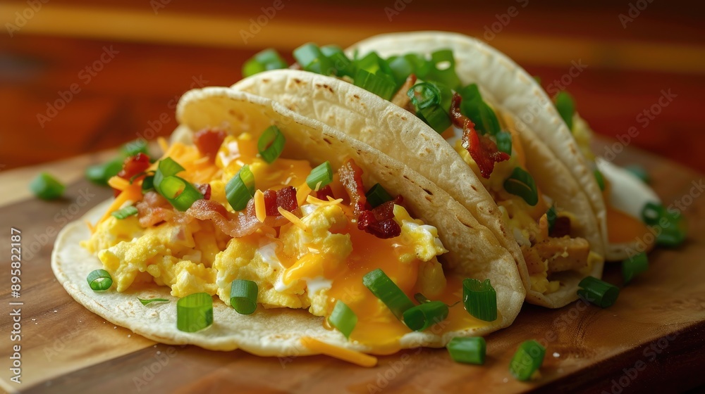 Cooking breakfast taco with crispy hash browns fluffy scrambled eggs savory bacon melted cheese and fresh green onions Cooking breakfast taco with crispy hash browns fluffy scrambled eggs savory bacon melted cheese and fresh green onions