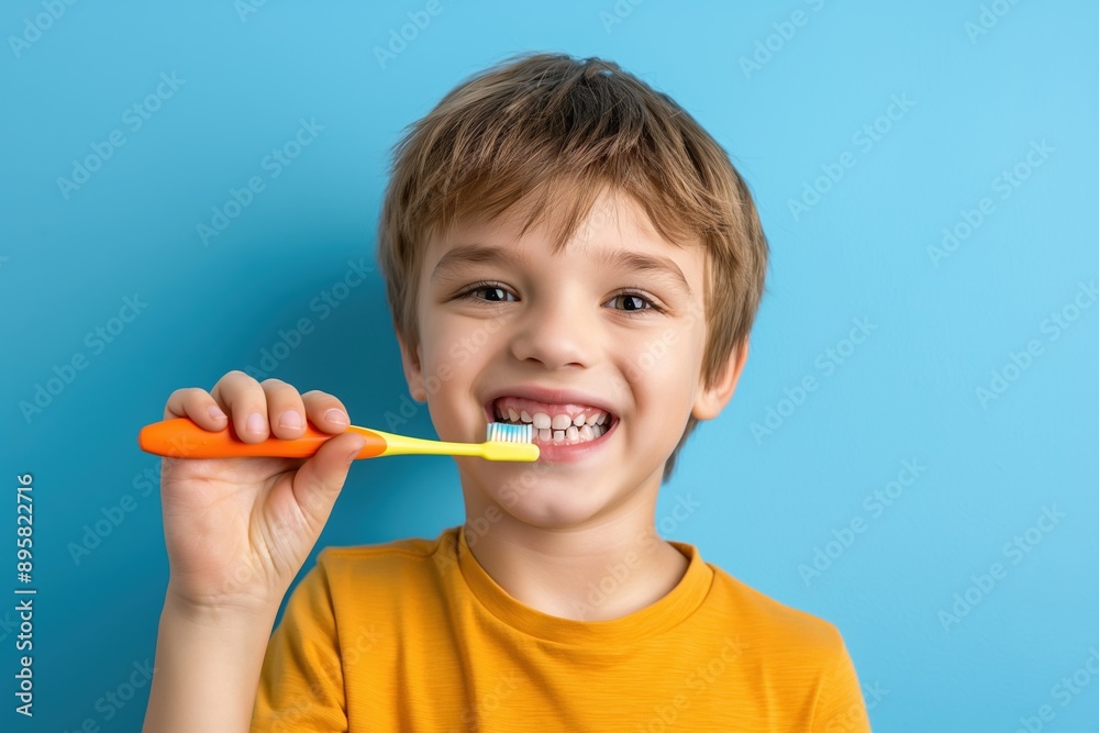Happy boy brushing teeth with toothbrush on blue background Happy boy brushing teeth with toothbrush on blue background