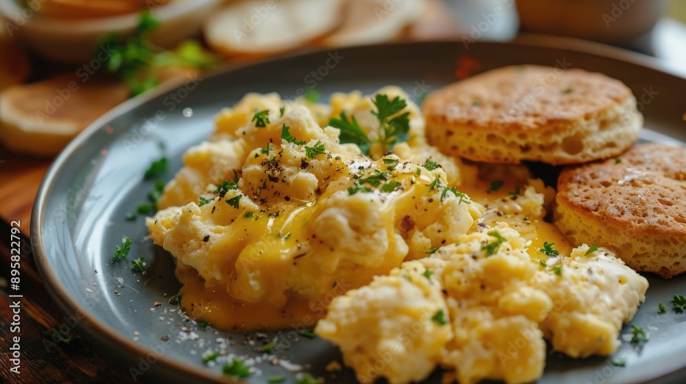 Breakfast with scrambled eggs biscuits and gravy Breakfast with scrambled eggs biscuits and gravy