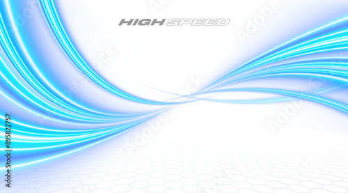 Blue curved lines. High speed light. Futuristic wavy lines. Science technology and innovation vector background.