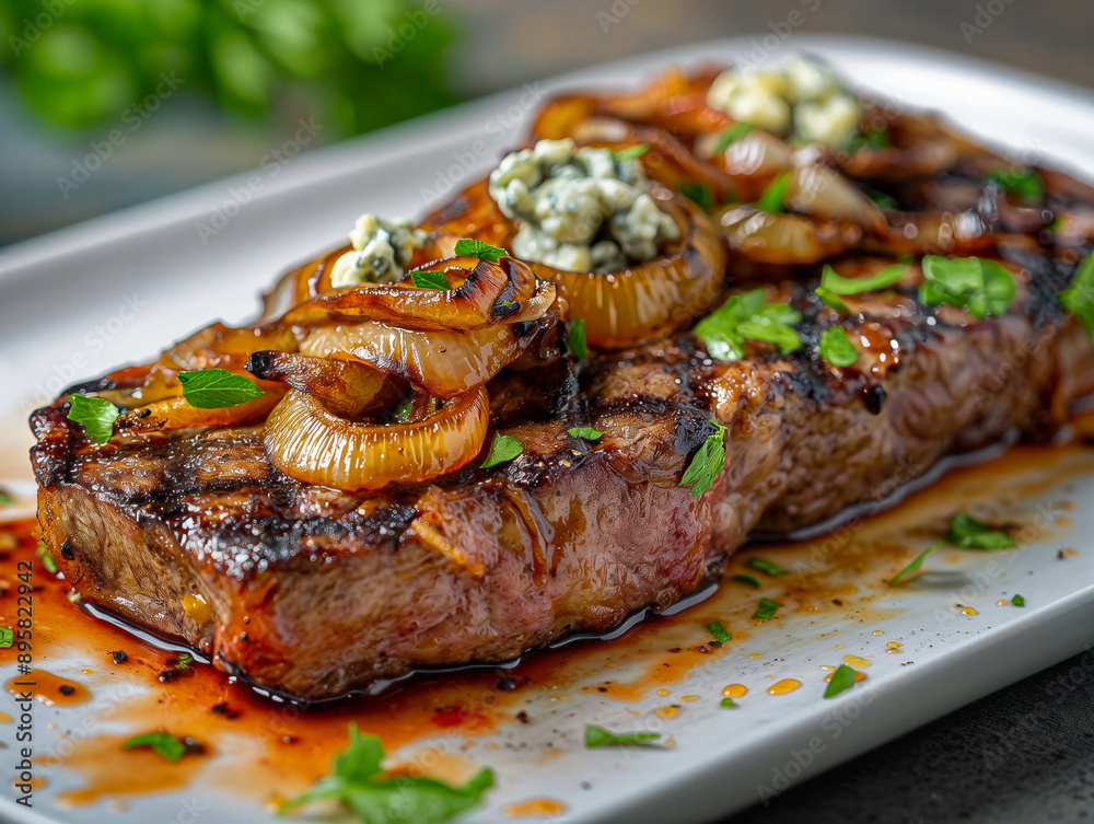 A steak with onions and blue cheese on top. The steak is cooked medium rare and is served on a white plate. The plate is garnished with parsley and a wedge of lemon. The dish looks delicious A steak with onions and blue cheese on top. The steak is cooked medium rare and is served on a white plate. The plate is garnished with parsley and a wedge of lemon. The dish looks delicious