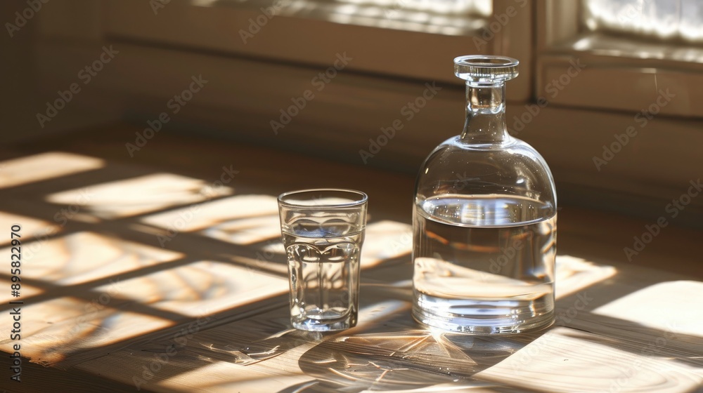 Elegant sunlight reflections and shadows on a table with a decanter and glass of pure clean water Embracing a healthy lifestyle Elegant sunlight reflections and shadows on a table with a decanter and glass of pure clean water Embracing a healthy lifestyle