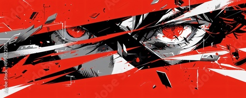 Characters eye reflecting determination and power red iris contrasting with monochrome surroundings portrayed in dynamic anime style with striking visuals and strong contrasts