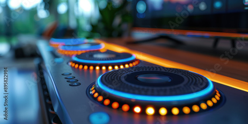 Close-up of modern DJ equipment featuring colorful LED lights, creating a vibrant and dynamic atmosphere for music mixing.