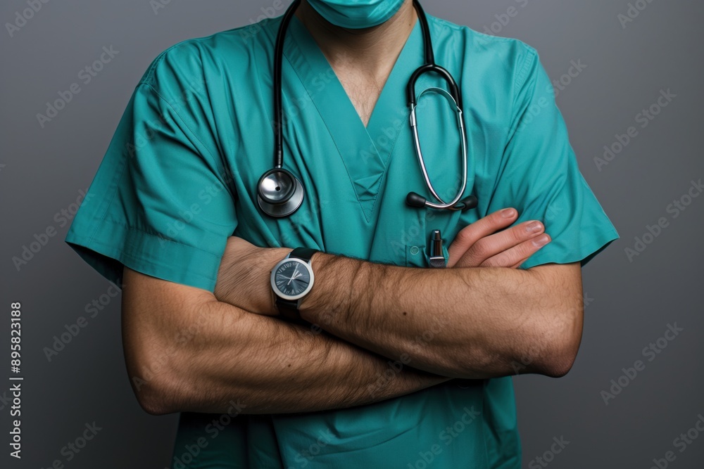 Doctor wearing green scrubs and stethoscope is crossing his arms Doctor wearing green scrubs and stethoscope is crossing his arms