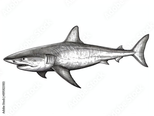 Black and white Vintage engraved art of a shark isolated on white background, ink sketch illustration, simple vector art design, highly detailed line art, high contrasty
