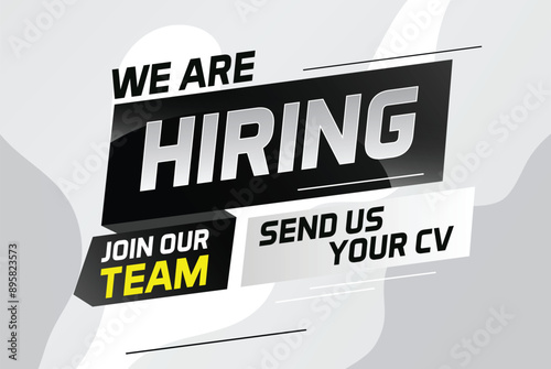 Hiring recruitment design for banner poster. We are hiring lettering with geometric shapes lines. Vector illustration typographic. Open vacancy design template

