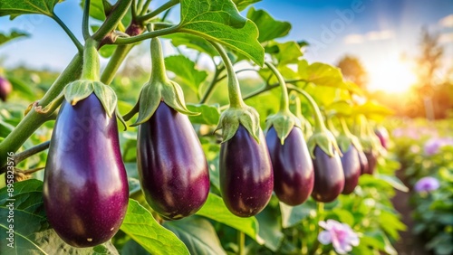 Vibrant purple eggplants ripen on the organic garden's lush green plant, amidst fluttering leaves and delicate white blossoms, under sunny skies.