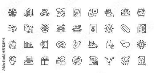 Education, Technical documentation and Phone messages line icons pack. AI, Question and Answer, Map pin icons. Question mark, Push cart, Star web icon. Water bottle, Headphone, Lgbt pictogram. Vector