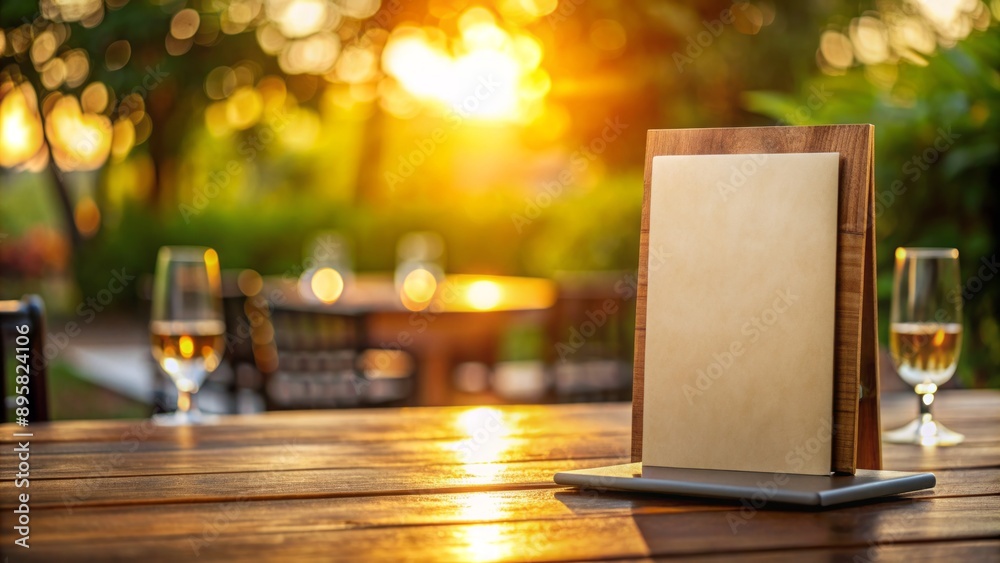 Elegant menu stands on wooden table, subtle morning light casting warm glow, blurred background with ample copyspace awaits customization. Elegant menu stands on wooden table, subtle morning light casting warm glow, blurred background with ample copyspace awaits customization.