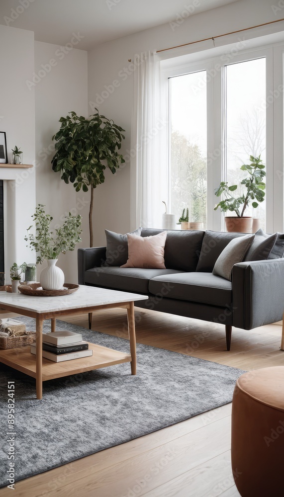 A serene living room with a sofa, light-colored pillows, and minimalistic decor. The space is enhanced by indoor plants, soft lighting from floor lamps, and simple artwork A serene living room with a sofa, light-colored pillows, and minimalistic decor. The space is enhanced by indoor plants, soft lighting from floor lamps, and simple artwork