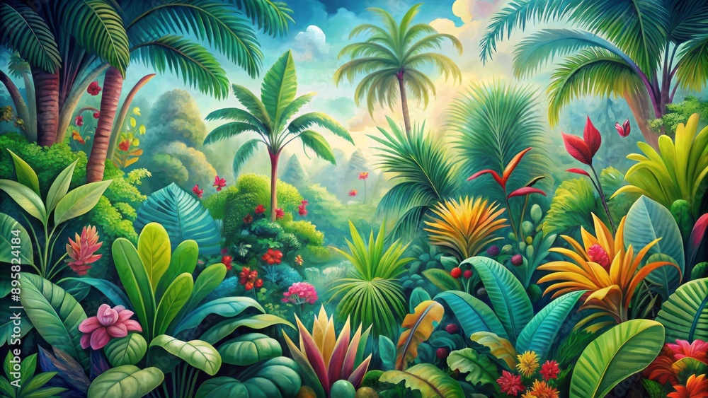 Vibrant whimsical illustration of lush exotic jungle leaves in soft watercolor hues on a seamless spring summer background design. Vibrant whimsical illustration of lush exotic jungle leaves in soft watercolor hues on a seamless spring summer background design.