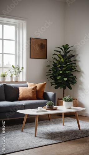 Wallpaper Mural A serene living room with a sofa, light-colored pillows, and minimalistic decor. The space is enhanced by indoor plants, soft lighting from floor lamps, and simple artwork Torontodigital.ca