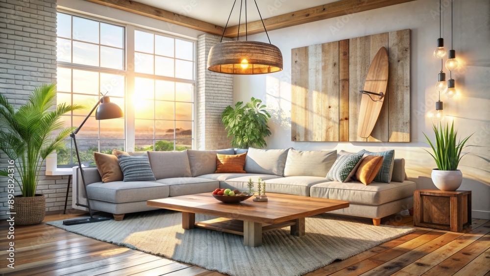 Brightly lit modern living room with plush sectional sofa, reclaimed wood coffee table, industrial lamp, and surfboard decor. Brightly lit modern living room with plush sectional sofa, reclaimed wood coffee table, industrial lamp, and surfboard decor.