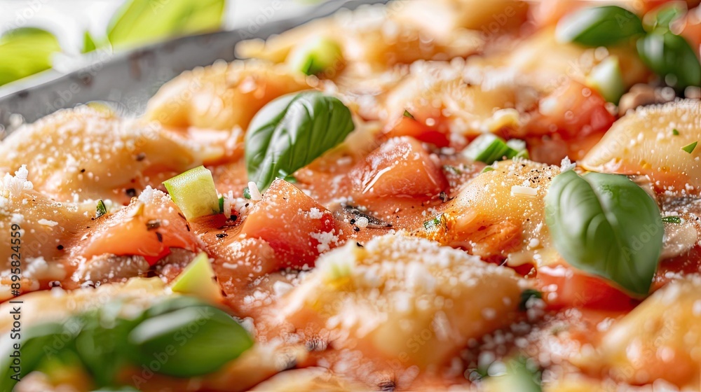 Close-up of freshly baked ravioli with tomato sauce, basil, and cheese. A perfect dish for Italian cuisine lovers, bursting with flavor. Close-up of freshly baked ravioli with tomato sauce, basil, and cheese. A perfect dish for Italian cuisine lovers, bursting with flavor.
