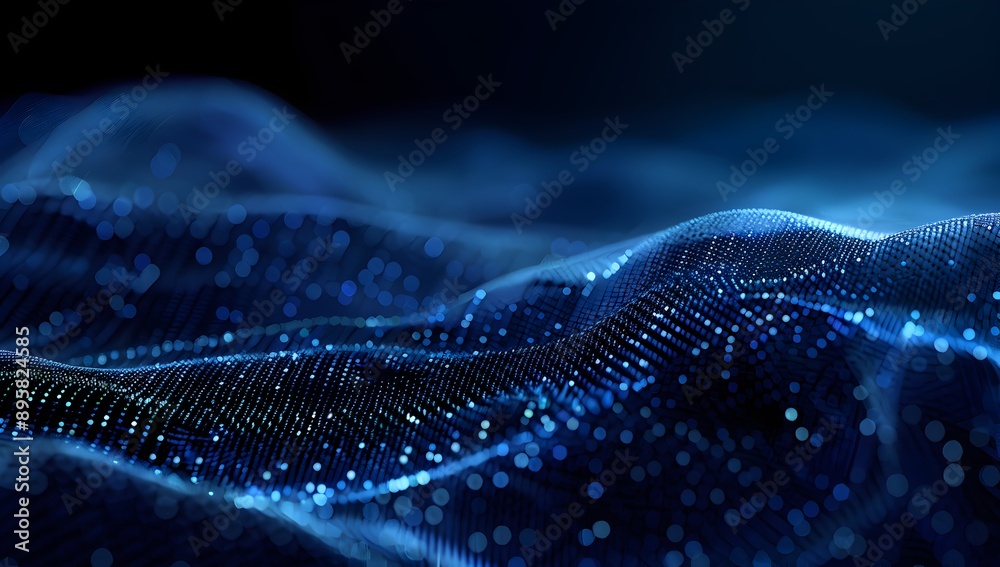 Abstract digital background with blue glowing dots forming wave patterns on a dark gradient, representing data flow and technology waves. Abstract digital background with blue glowing dots forming wav Abstract digital background with blue glowing dots forming wave patterns on a dark gradient, representing data flow and technology waves. Abstract digital background with blue glowing dots forming wav