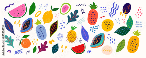 Beautiful doodles collection with fruits: watermelon, pineapple, lemon, leaves.