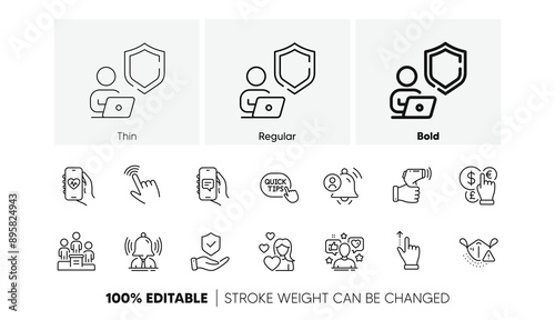 Electronic thermometer, Love and Influence line icons. Pack of Health app, Cursor, Shield icon. Brand, Quick tips, Business podium pictogram. Money currency, Chat app, Medical mask. Line icons. Vector